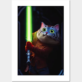 Fun Cat Print ~ AI Art ~ Fantasy Cat ~ Sci-fi Cat ~ Cats with Lightsabers Posters and Art